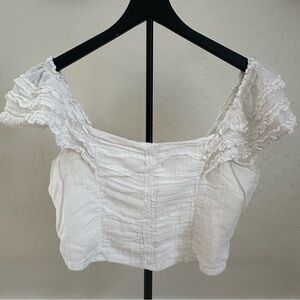 Free People White Ruffled Crop Top with Cap Sleeve. Size Medium